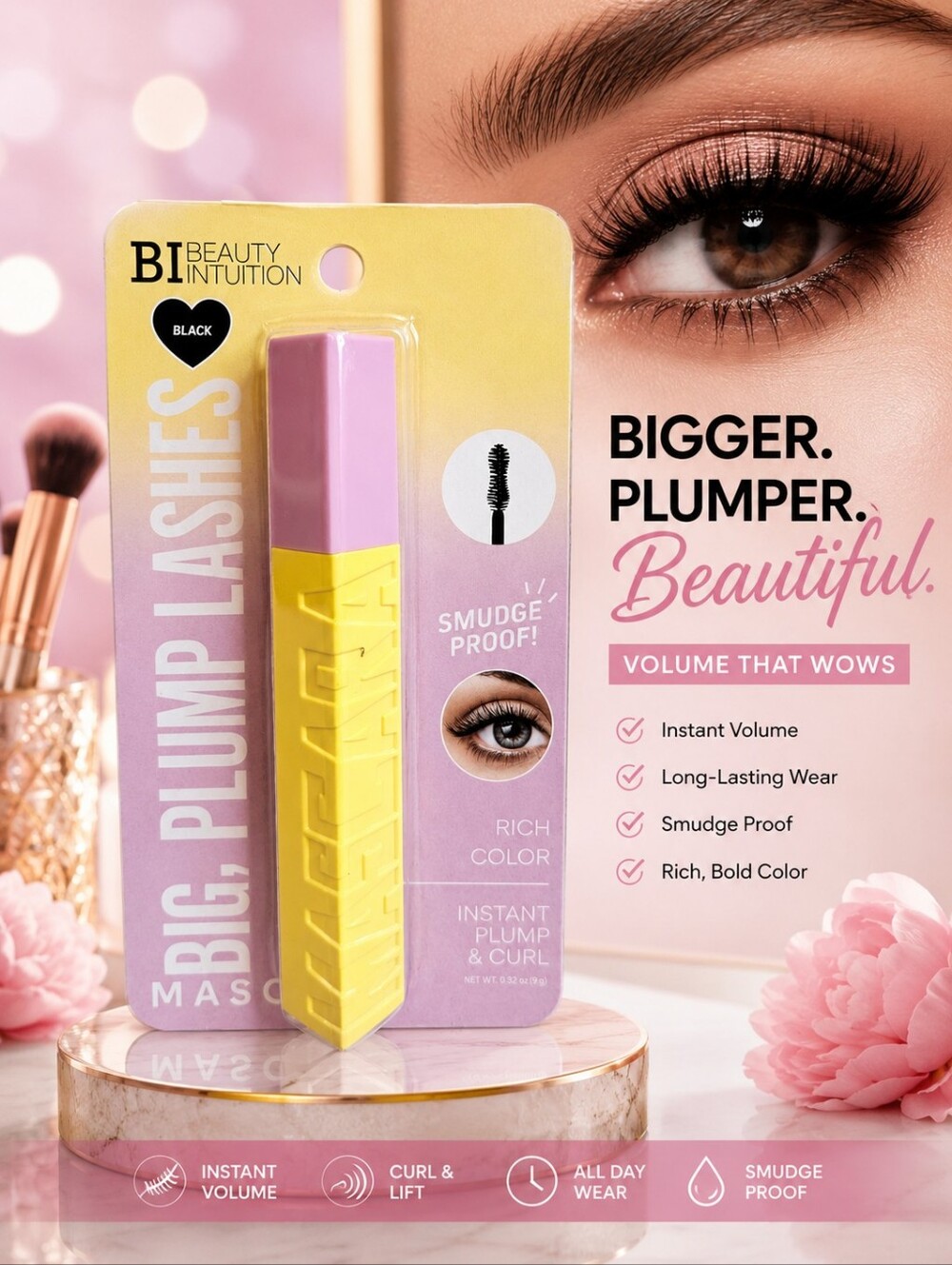 BIG, PLUMP LASHES MASCARA BY BEAUTY INTUITION RICH BLACK